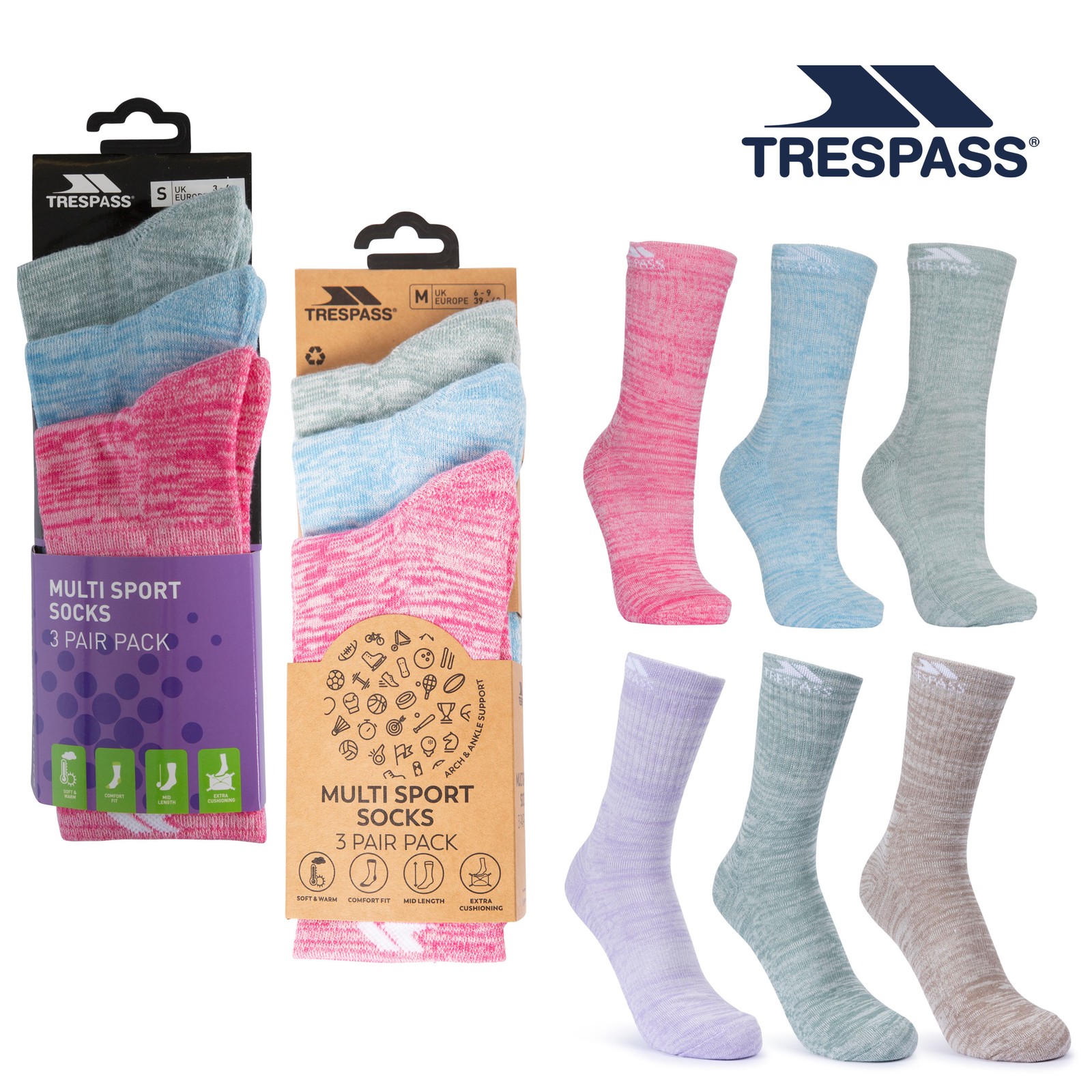 SAOLA Trespass Calze Casual Donna Media Lunghezza Suola Imbottita Confezione da 3 Helvellyn