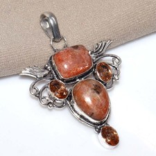 925 Silver Plated Massive Sunstone Morganite Pendant 2.3" Superb Gift Trendy GW