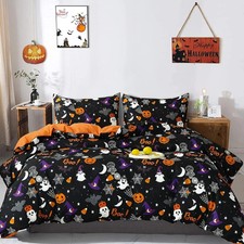 Halloween Duvet Cover Set Queen Size Black Bedding Set with Pumpkin Bat Ghost Co