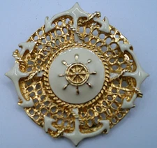 Vintage Gold tone & white Enamel Nautical Brooch Pin ~ anchor ships wheel (A17)