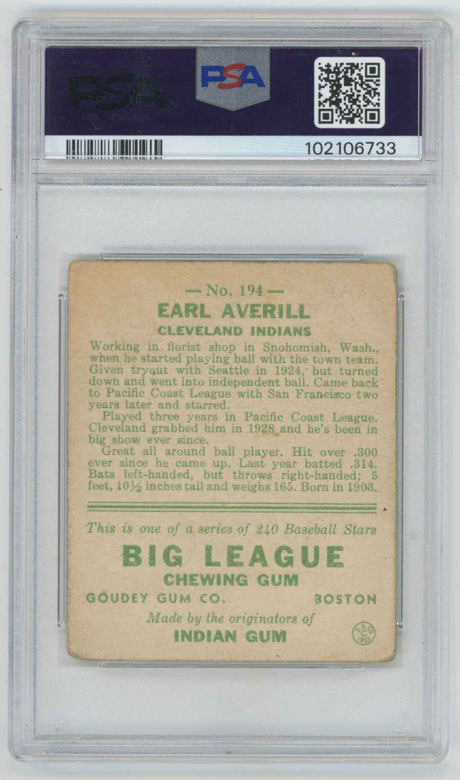 1933 Goudey 194 Averill PSA 1.5 708298 view 2