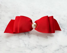 Vintage Classic Crimson Red Grosgrain Bow Barrette with Pearl