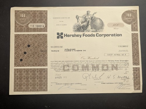 Hershey Foods Corp Aktienzertifikat - Chocolate Company - ausgestellt am 25. April 1972