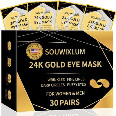 Under Eye Patches For Puffy Eyes 30Pairs, 24K Gold 1 Count (Pack of 30) 