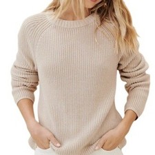 Jenni Kayne 100 Cotton Fisherman Oatmeal Ribbed Knit Sweater XS Minimalist