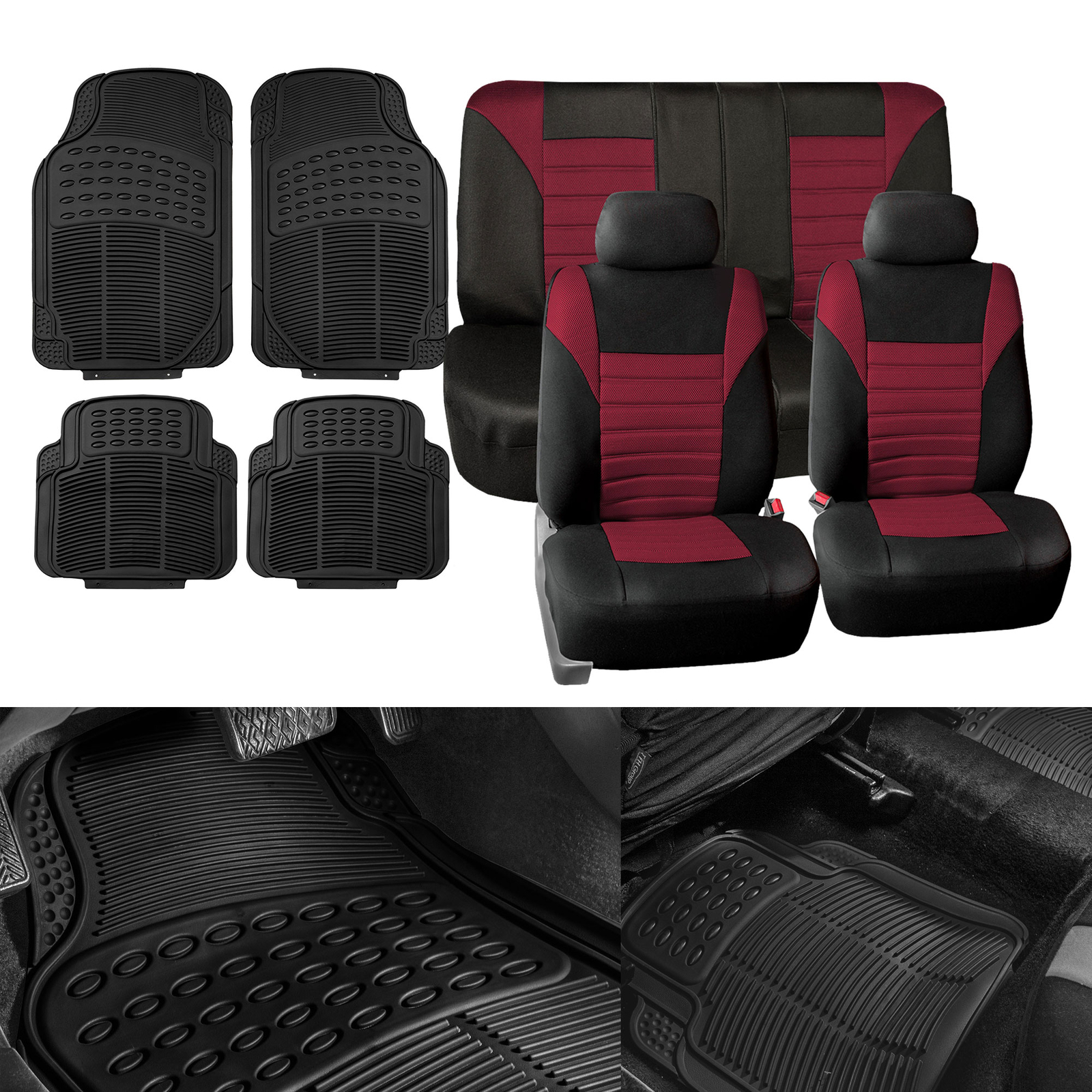 Combo Burgundy Auto Seat Covers Set with Black Floor Mats for Car SUV