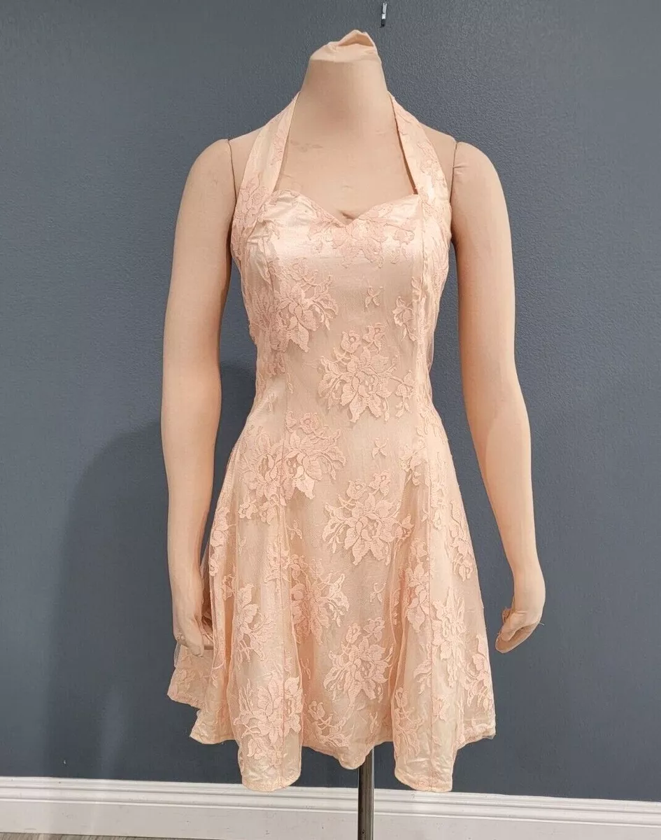 Vintage 80s 90s blush pale peach lace halter flare tulle underneath dress M L