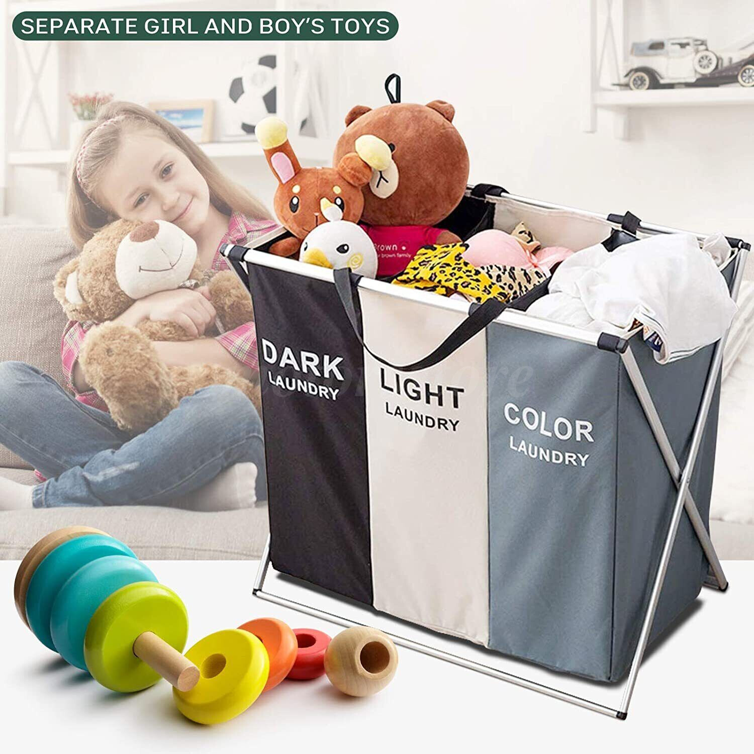 Laundry Hamper 3 Section Basket Sorter Clothe Storage Foldable Bag Bin Organizer-image