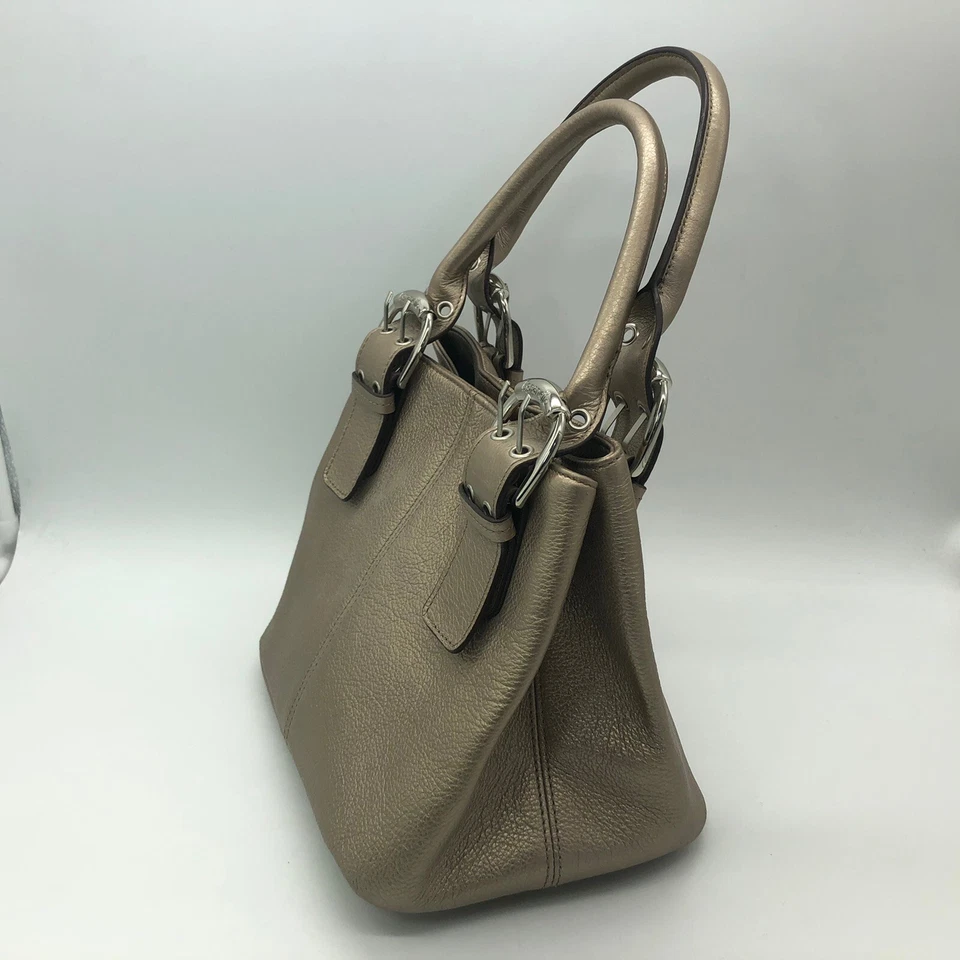 Tignanello Bolso de Mano de Cuero Dorado Cartera Cubo Correas Ajustables Herrajes Plateados Foto 2 de 4