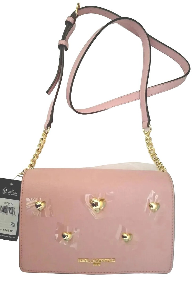 KARL LAGERFELD PARIS Crossbody Bag. Pink. Part Chain Strap. Heart