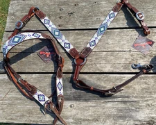 Circle Y white, blue, green beaded Western headstall & breast collar tack set