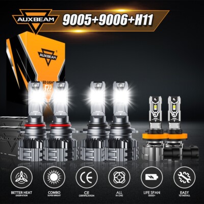 6X AUXBEAM 9005 9006 H11 Combo LED Headlight Fog Bulbs 6500K White Bright 6PCS