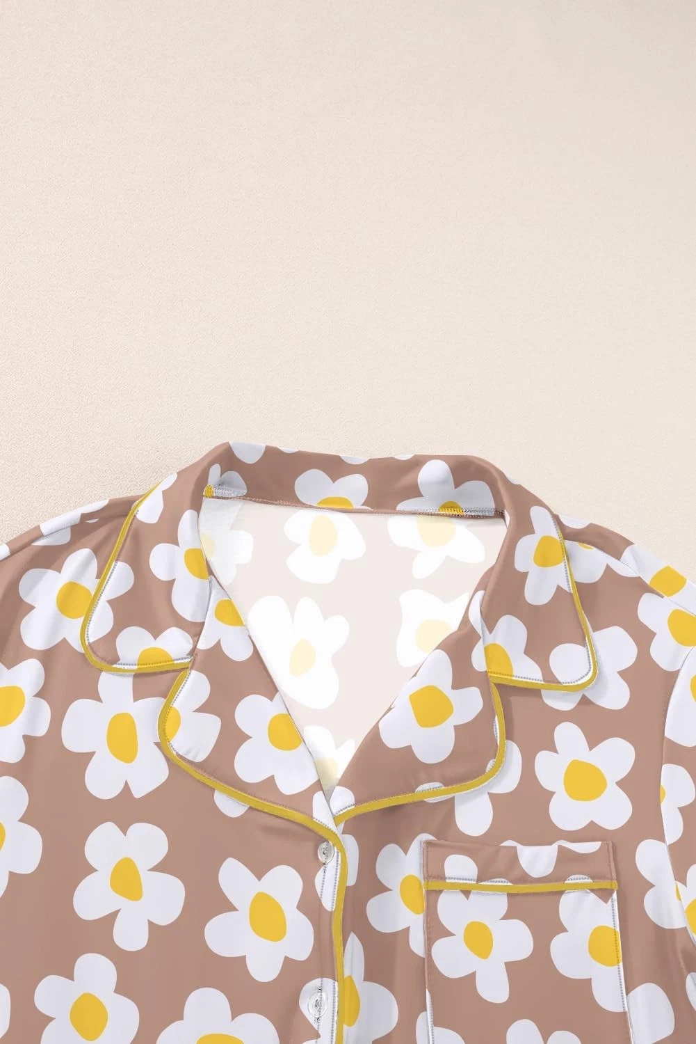 Womens Pajama Sets Brown White Flower Print Buttoned Drawstring Waist Lounge ...