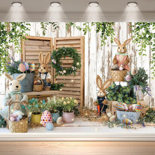 7X5Ft Spring Easter Photography Backdrop Garden Bunny Colorful Eggs Flower Stand