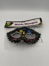 Mardi Gras Venetian Lace Masquerade Mask Black Colorful Roses, Rhinestones