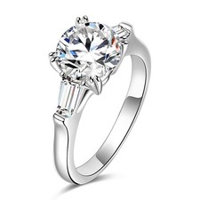 espere Sterling Silver 2 Carat CZ Baguette Round Solitaire Engagement Ring Br...