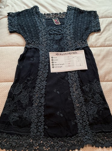 Johnny Was Rose Garden Heavy Embroidery Crochet Shift Dress Navy Blue S/M - Picture 19 of 21