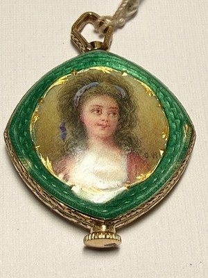 c.1915 A. LECOULTRE E. BLANCPAIN FILS 14K GOLD ENAMEL PORTRAIT PENDANT WATCH
