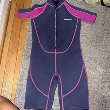 SEASKIN Youth Neoprene Shorty Wetsuit Navy Blue/Pink Trim Front Zip SS