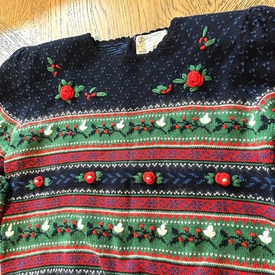 Vintage Susan Bristol Sweater Womens S Navy Floral Wool Hand Knit Chunky Granny