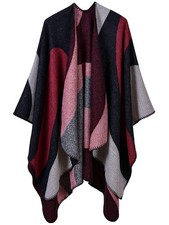 Women's Shawls and Wraps Open Front Poncho Cape Winter Sweater L3-Cherry
