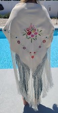 Vintage Large Embroidered  Floral Piano Shawl with Fringe