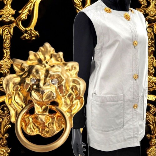 Mitrani Leather Vest Lion Knocker Gold Medallions Rhinestone Eyes Accents SZ M