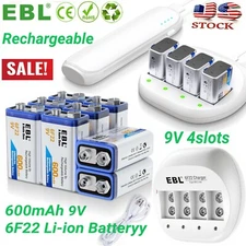 EBL 6F22 Li-ion Rechargeable 9V Batteries / 9V Lithium Battery Charger LOT