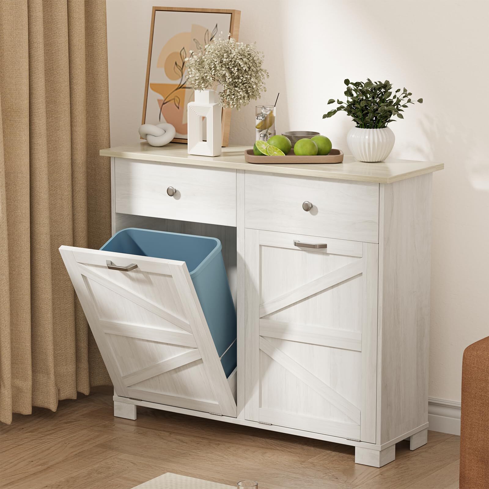 Double Tilt Out Trash Can Cabinet 20 Gallon, Wooden Freestanding Hidden Recyc...