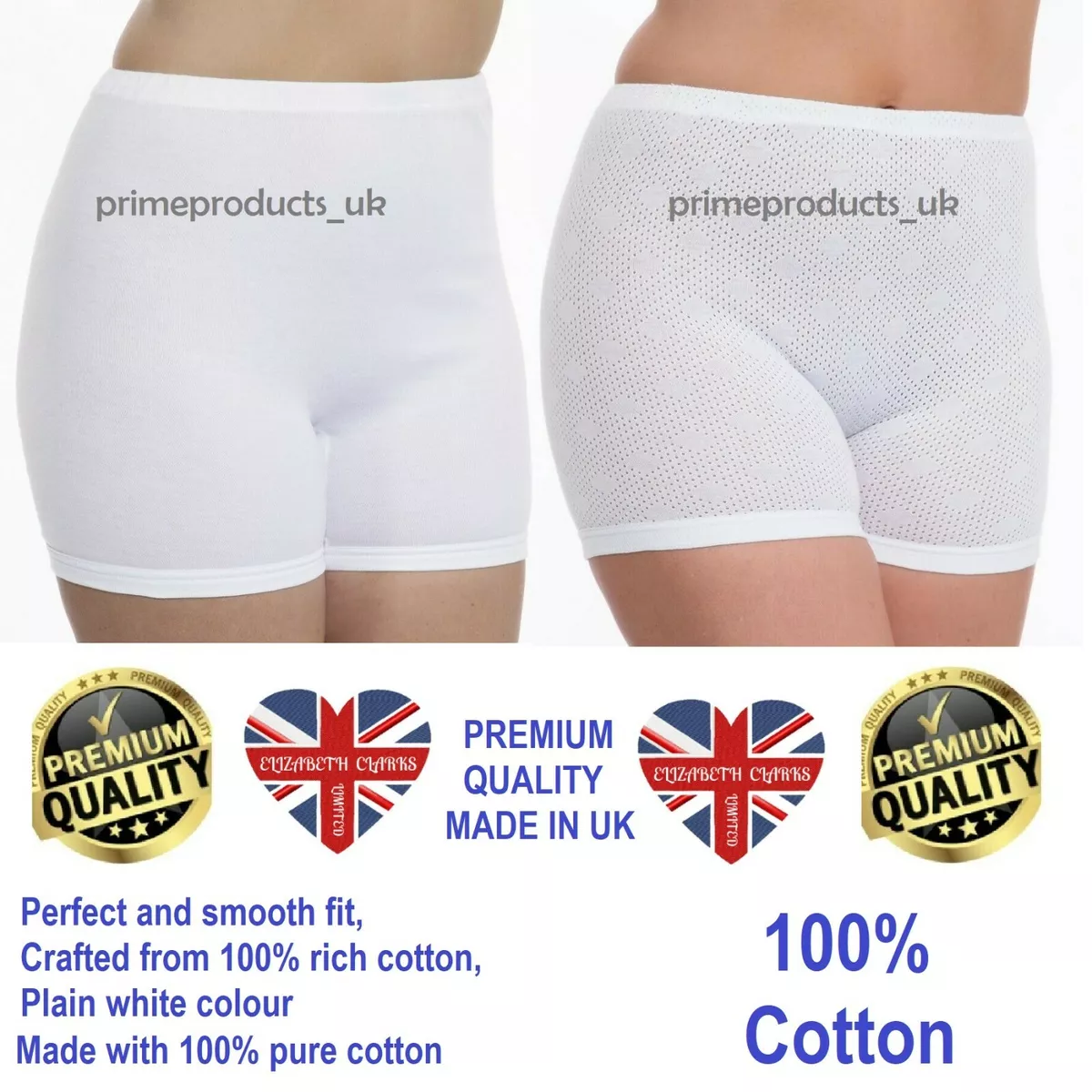 6 X PAIRS LADIES WOMEN 100% COTTON INTERLOCK CUFF LEG PANTIES WHITE (UK  MADE)