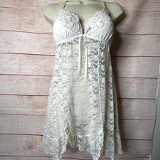 Linea Donatella White Ivory Lace Beaded Nightie Baby Doll Chemise Women's M NWT