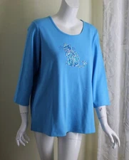 NEW Quacker Factory Sz M Turquoise CAT KITTY Sequin Beaded T-Shirt Top Cotton