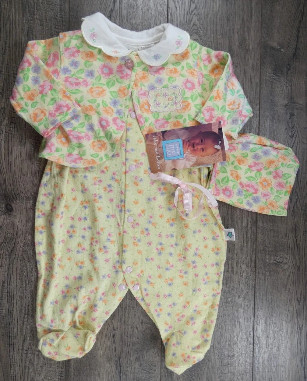 Baby Girl Clothes New Vintage Little Me 3 Month 3pc Pansy Footed Outfit & Bonnet