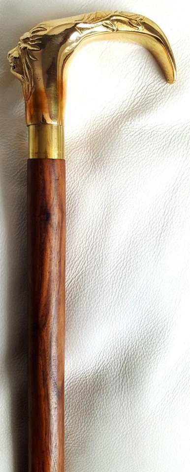 Cabo de cabeça de leão de latão estilo clássico bengala de madeira marrom feita à mão - Imagem 4 de 4