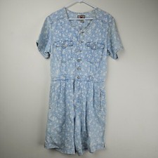 VINTAGE DENIM FLORAL JUMPSUIT 90s Y2K Romper SHORTS Womens M Gloria Vanderbilt
