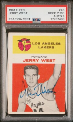 1961 JERRY WEST SIGNED FLEER #43 ROOKIE CARD HOF LAKERS THE LOGO