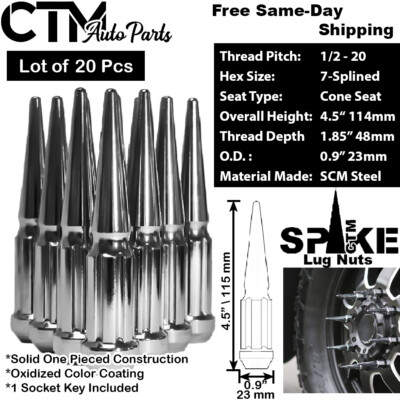 20Pc 4.5'' TALL CHROME 1/2-20 SOLID STEEL SPLINE SPIKE LUG NUT+KEY FIT FORD MODEL