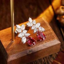 2Ct Pear Lab-Created Ruby  Diamond Drop  Dangle Earrings 14k White Gold Plated