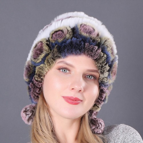 Damen warme echte Rex Kaninchenfell Mütze Schneemütze Wintermützen Strickmützen flauschige Mützen - Bild 20 von 27