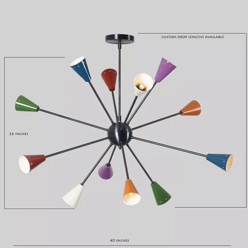12 Arm Multi Colors Shade Brass Sputnik Chandelier Light Fixture Mid Century - Picture 9 of 11