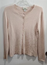 Neiman Marcus Womens Long Sleeve Cable Knit Cardigan Sweater Pink 100% Silk Sz L