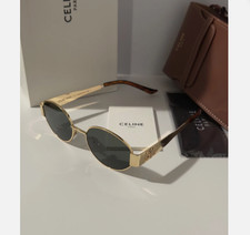 Celine CL40235U 30N Triomphe Metal Oval Sunglasses Gold Green Lens Ships Today