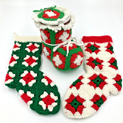 Christmas Crochet Stockings Red White & Green: 2 Hanging, 1 Stands Set of 3 