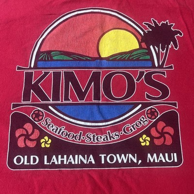 Rare Kimo s Lahaina Town Maui Hawaii Islands Shirt XL Red Palms Sunset Vintage