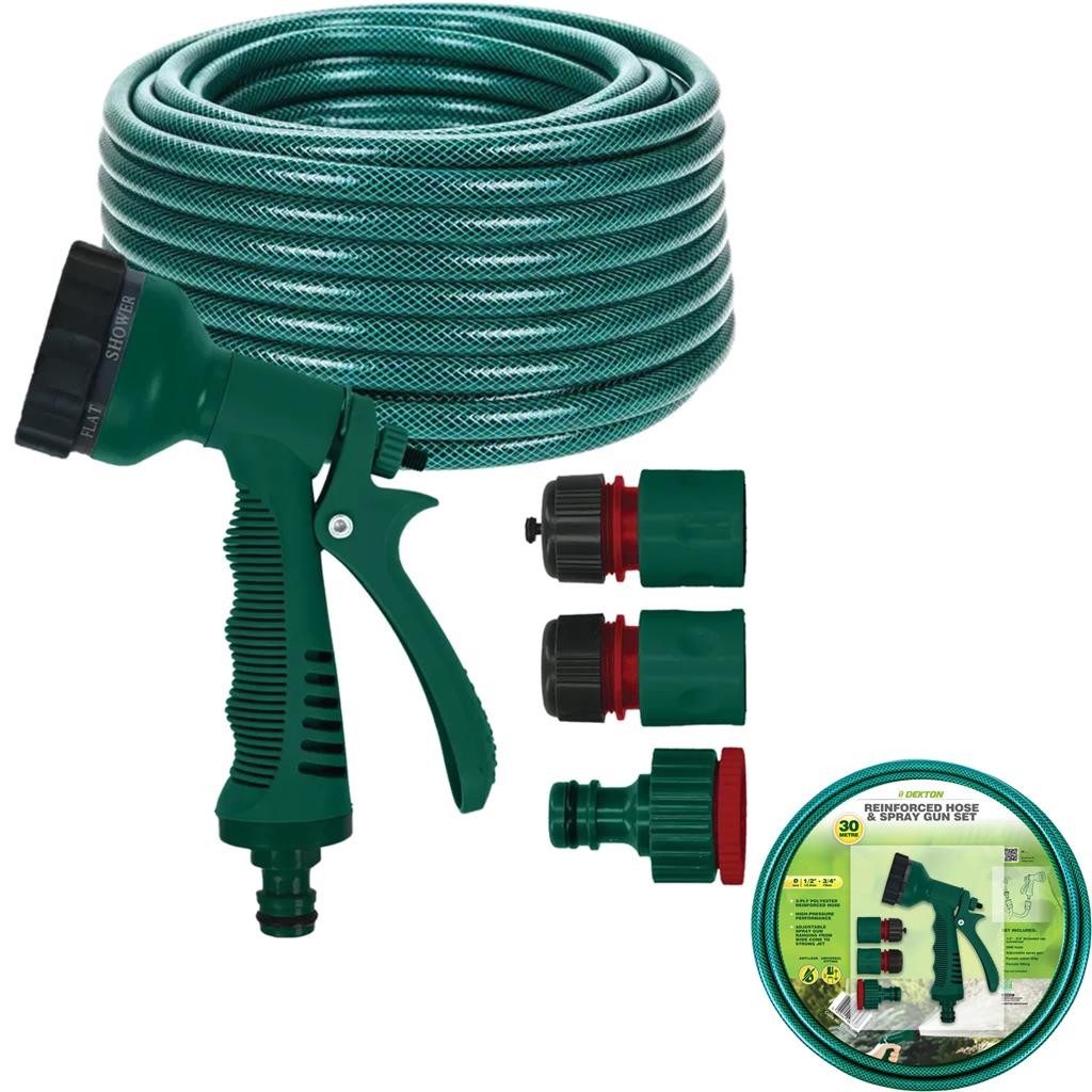 Dekton 30m Reinforced Garden Hose Watering Spray Gun Nozzle Set And Fittings