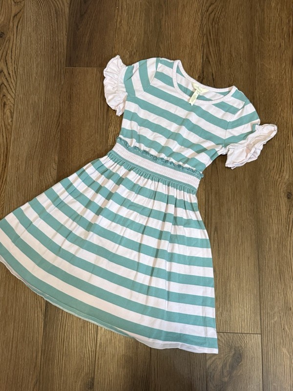 Matilda Jane Girls Size 8 Green/Pink Striped Fit & Flare Flutter Sleeve Dress