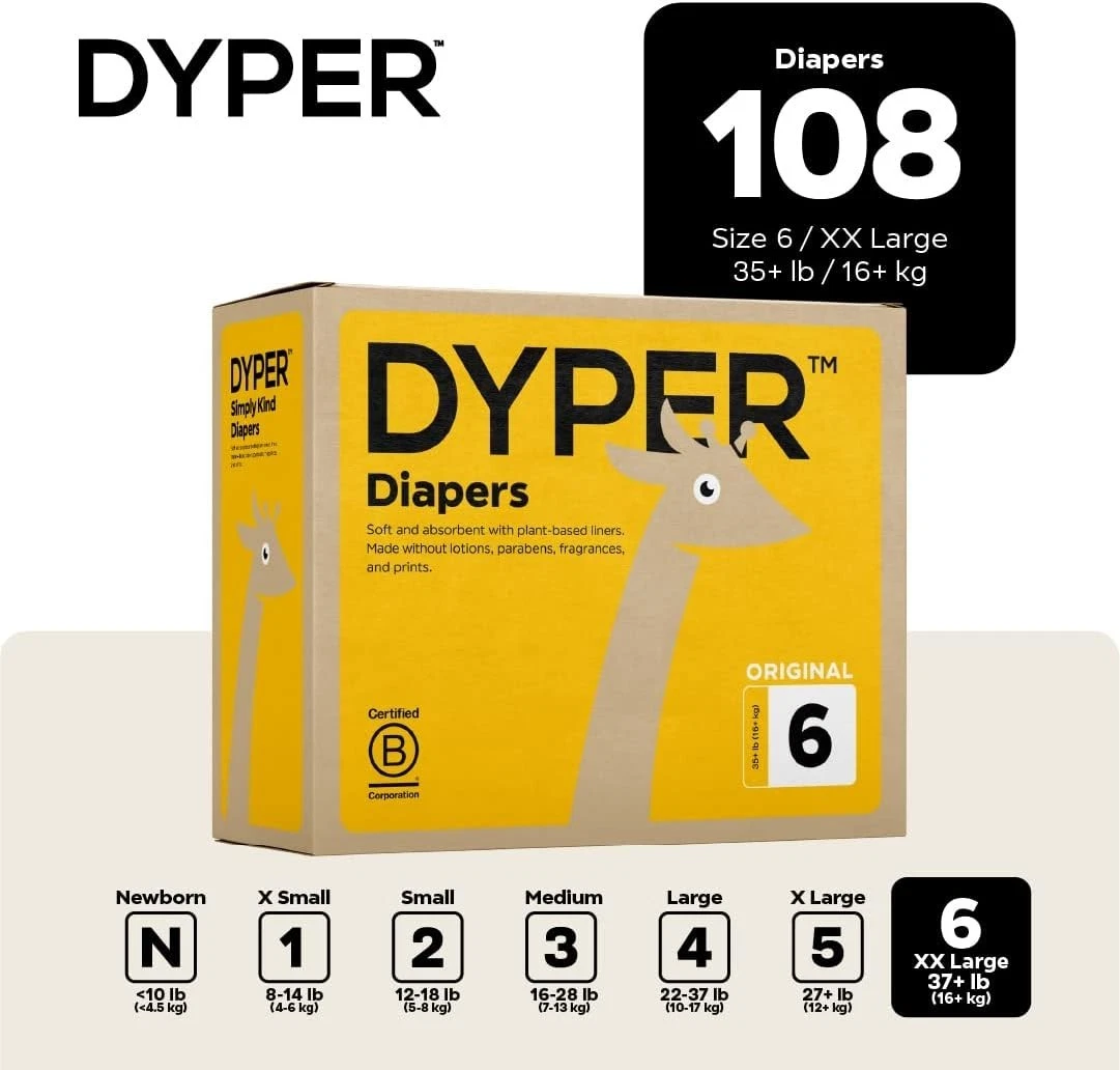 DYPER - Baby Diapers Hypoallergenic Cloth Alternative Size 6 (108 Count)