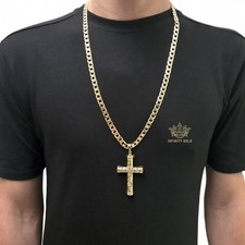 Large Gold Patterned Cross Pendant On 6mm Curb 30" Chain 9ct Gold XP Crucifix 