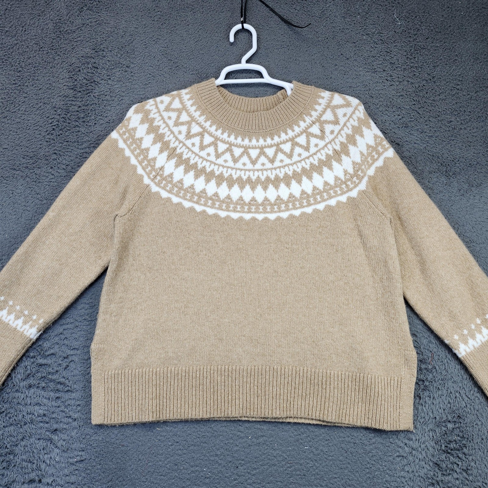Talbots Sweater Womens XL Tan White Fair Isle Yoke Crewneck Pullover Knit Soft