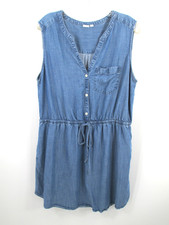 GAP Midi Shirt Dress Women XL Indigo Blue Denim Sleeveless Pockets Adjust Waist